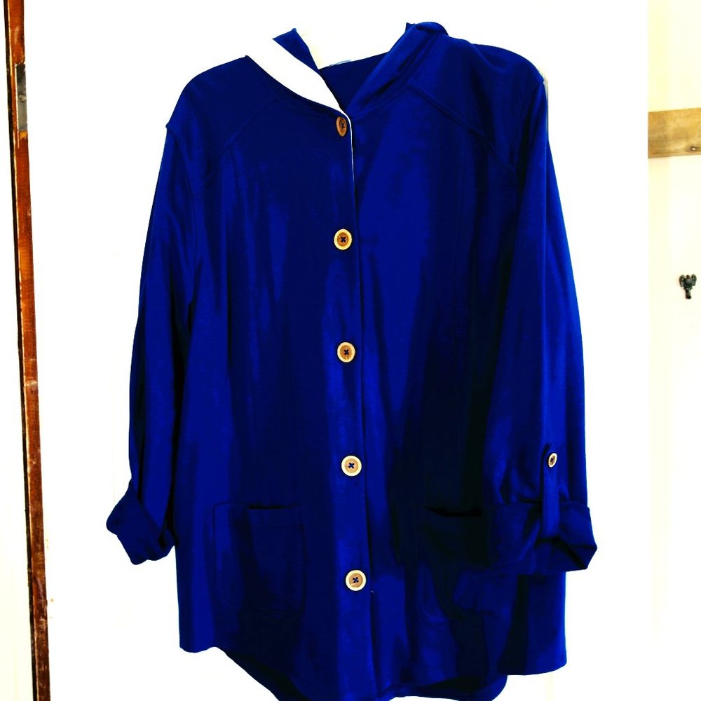 Susan Graver Blue French Terry Roll Tab Sleeve Jacket size Large
